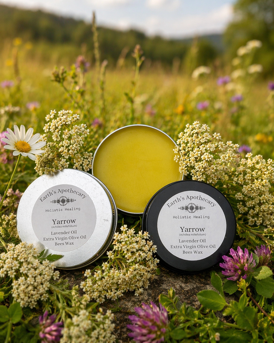 Three containers of Earth's Apothecary Yarrow balm in a field of wildflowers