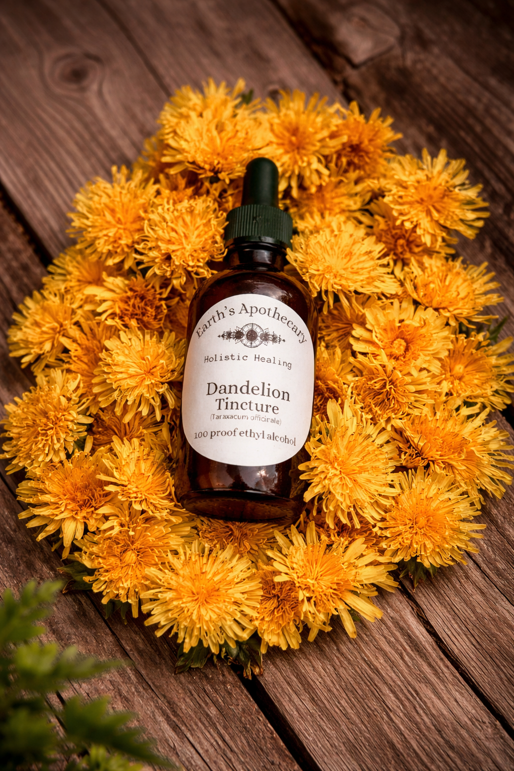 Bottle of dandelion tincture surrounded by fresh dandelions on a wooden surface