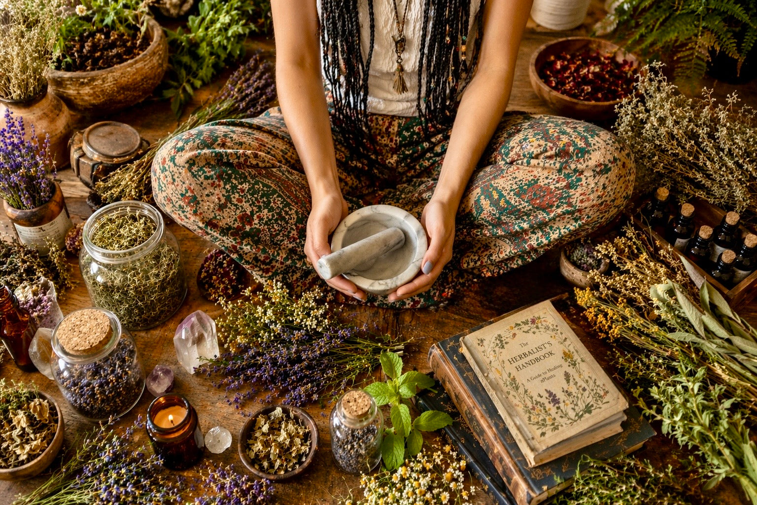 Person using a mortar and pestle surrounded by herbs and books on a wooden table.
