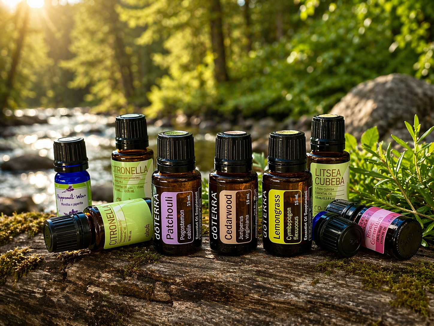 Collection of essential oil bottles on a wooden surface with a forest background