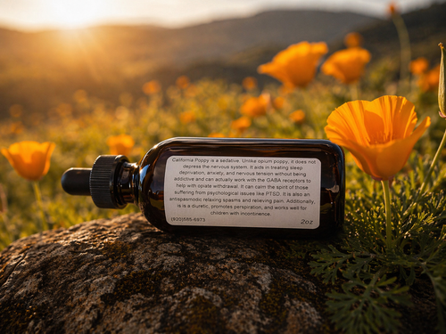 Phone case with text on a rock surrounded by orange flowers in a field