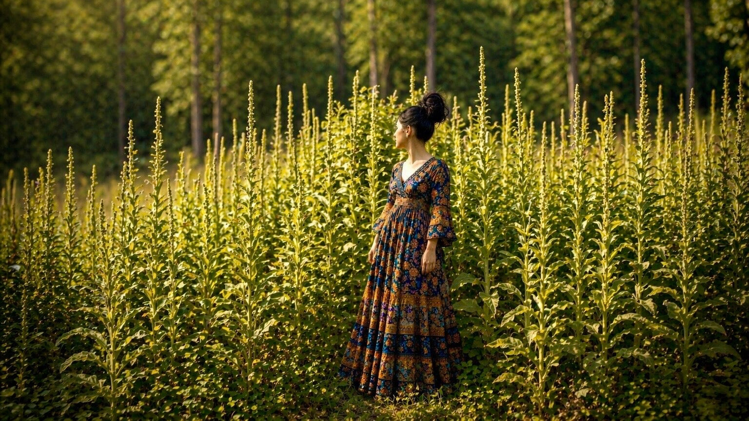 Woman in a patterned dress standing in a field of tall green plants with trees in the background.