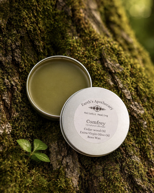 Open tin of Comfrey salve from Earth's Apothecary on a tree trunk with green leaves.