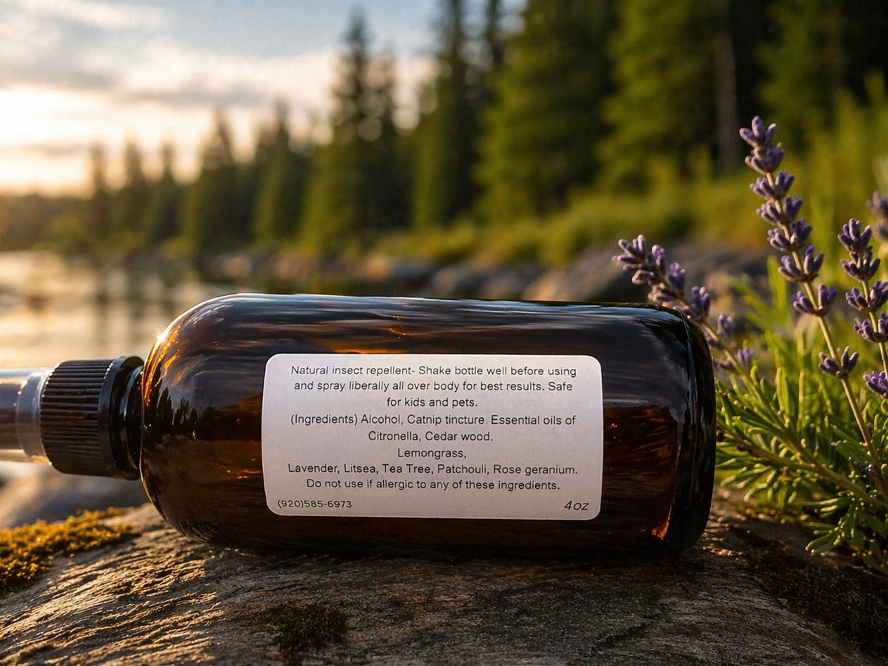 Brown bottle with label on a wooden surface near a body of water and trees