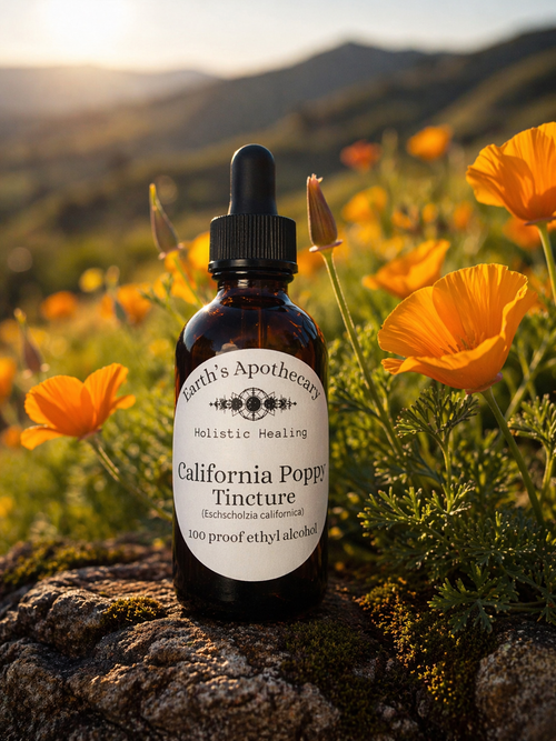 California Poppy Tincture bottle with dropper in a field of orange flowers