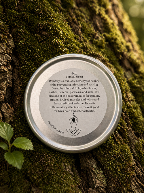 Metal tin lid with text on a mossy tree trunk