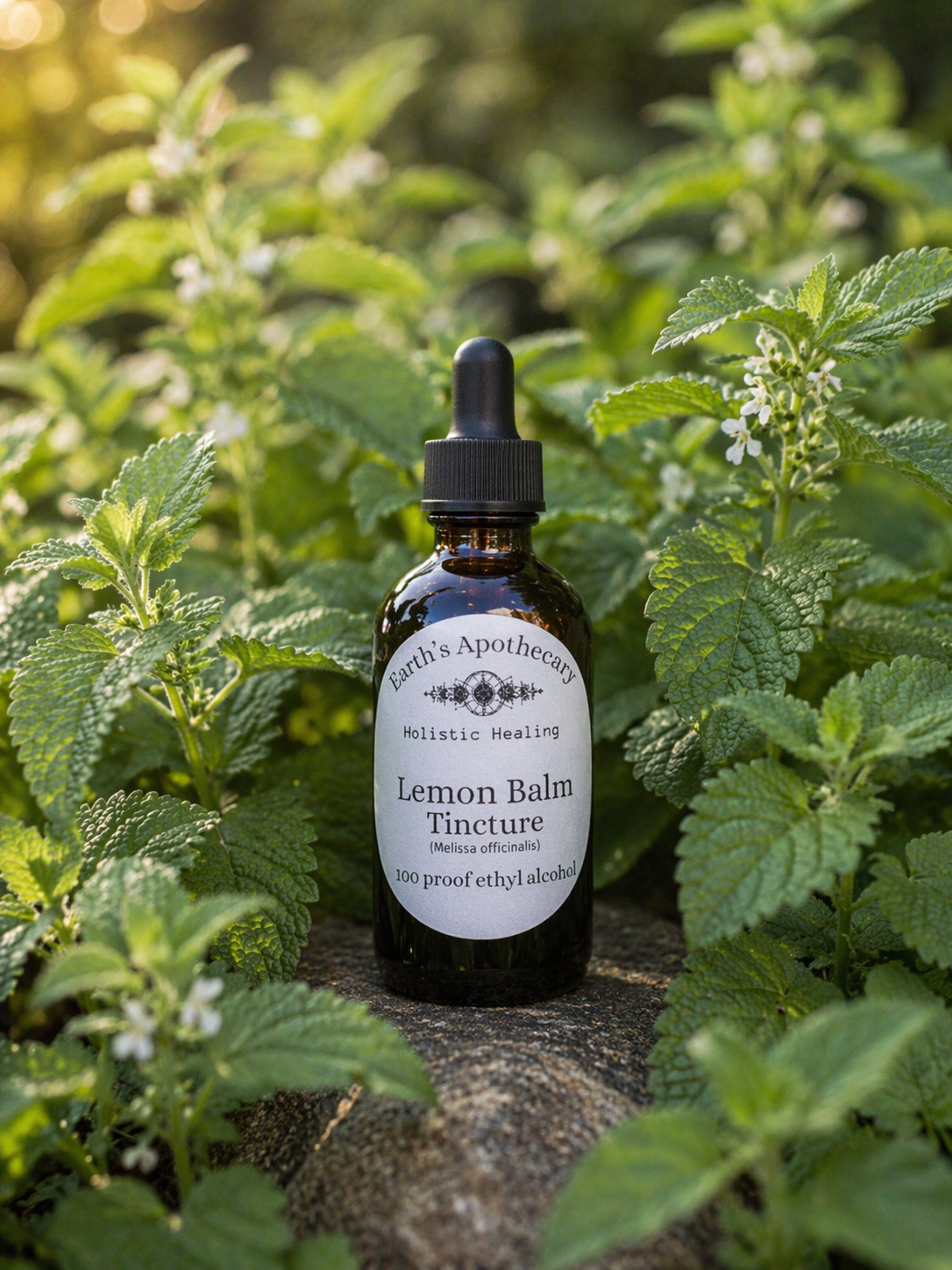 Bottle of Lemon Balm Tincture from Earth's Apothecary surrounded by green plants.