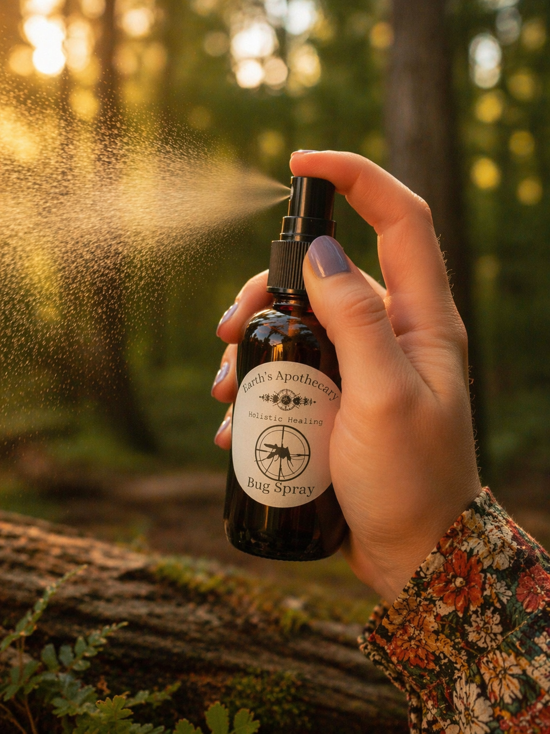 Hand holding a bottle of 'Nell's Apothecary' bug spray with a forest background
