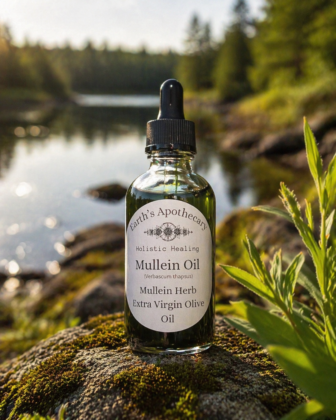 Bottle of Earth's Apothecary Mullein Oil on a rock with a natural background