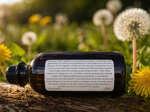 Bottle of Dandelion extract with dandelions in the background